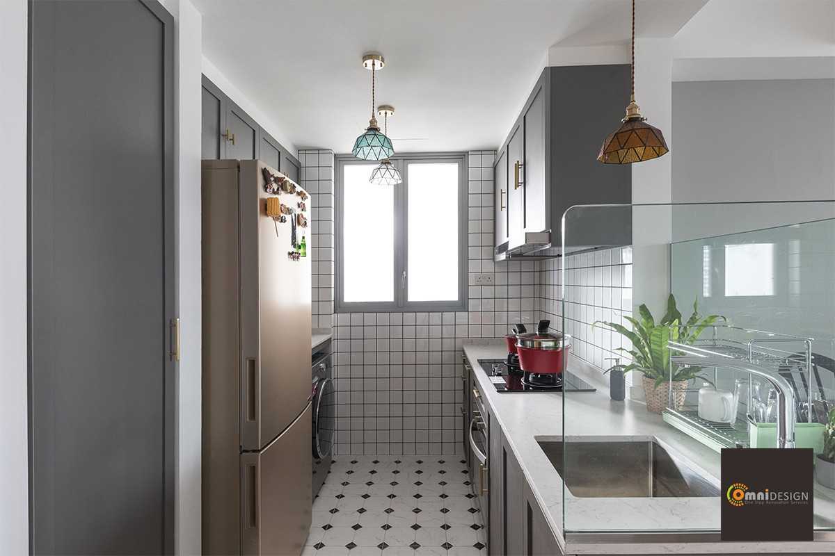 Country Kitchen with Countertop and Herringbone Tiling