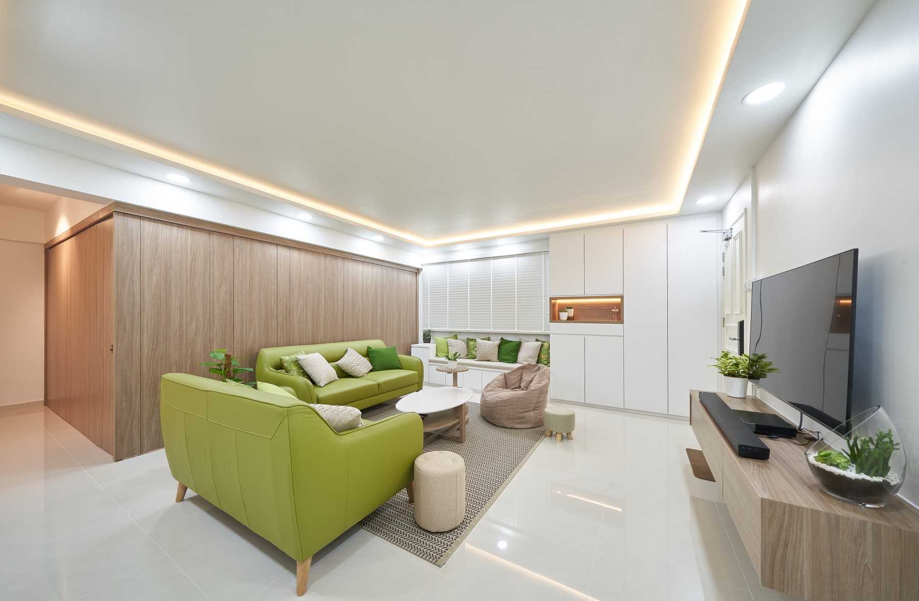 Contemporary Living Room with Homogeneous Tiles and TV Console