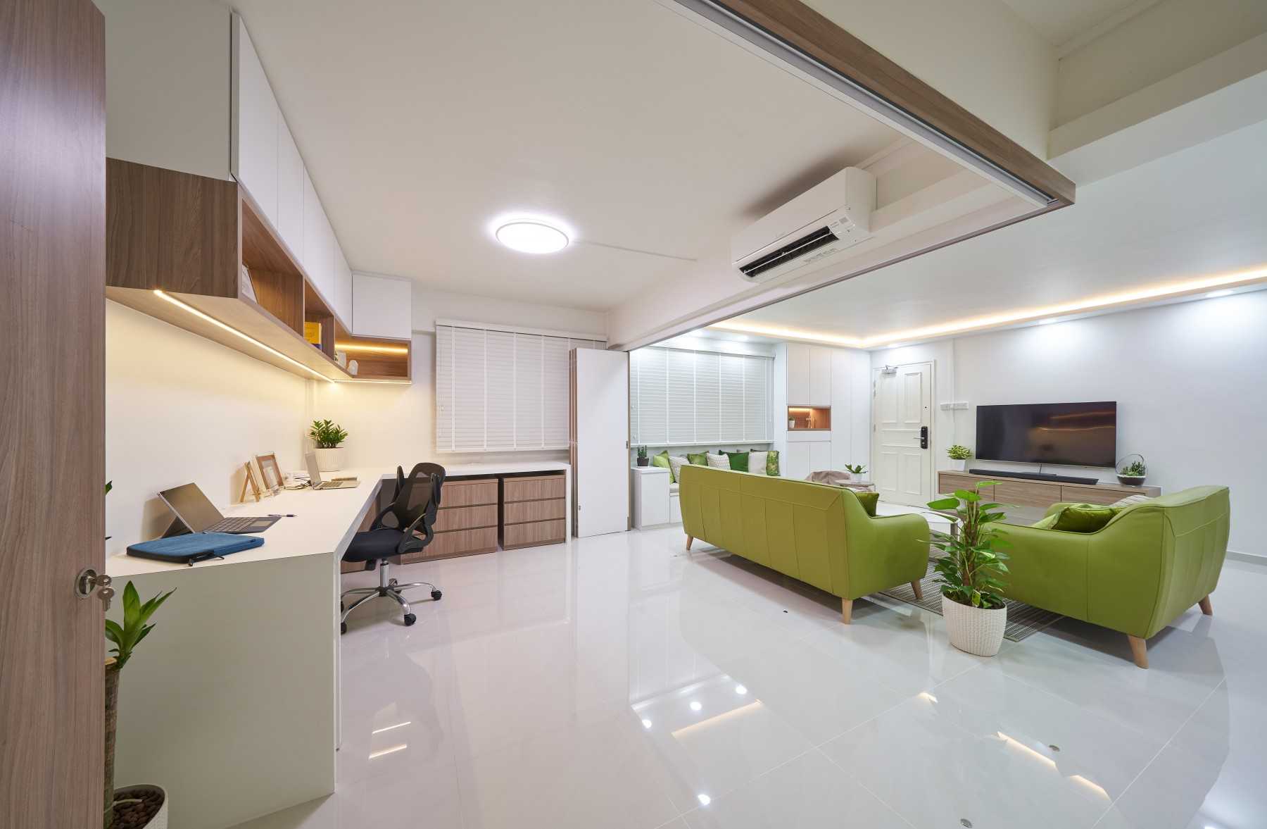 Contemporary Living Room with Bookshelf and TV Console