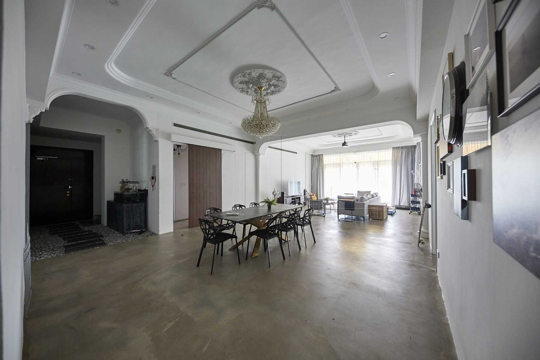 Contemporary Dining Room with Cement Floor and Chandelier