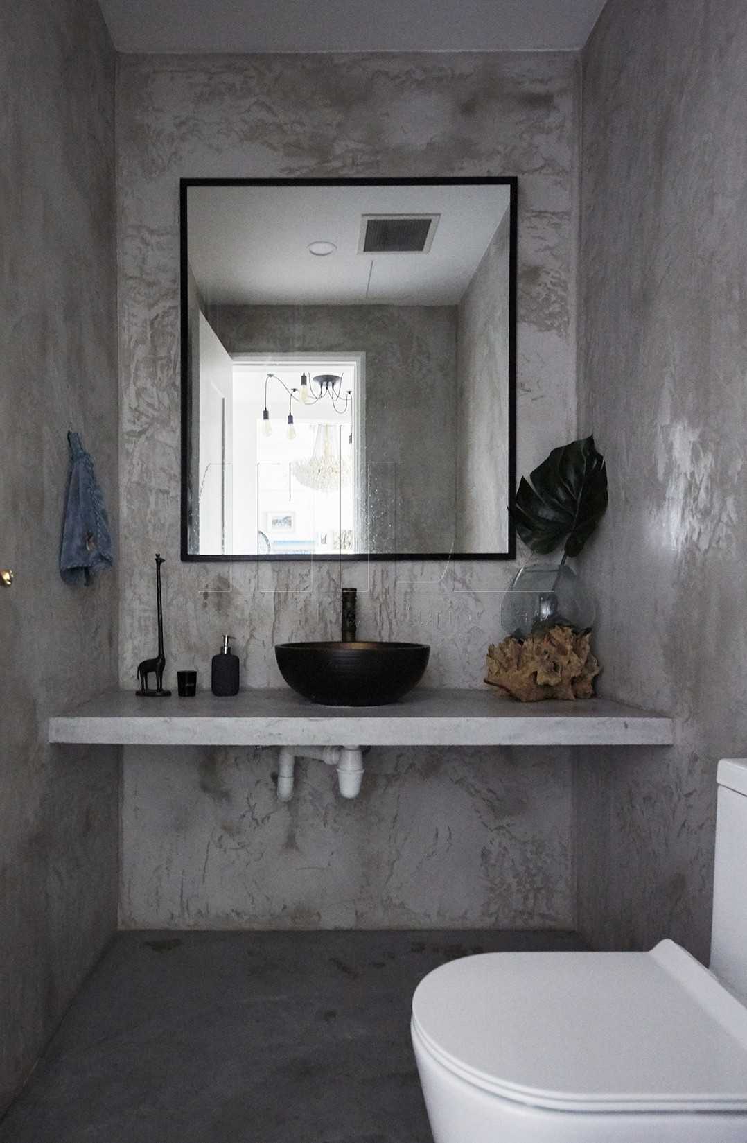 Contemporary Bathroom with Cement Floor and Mirror