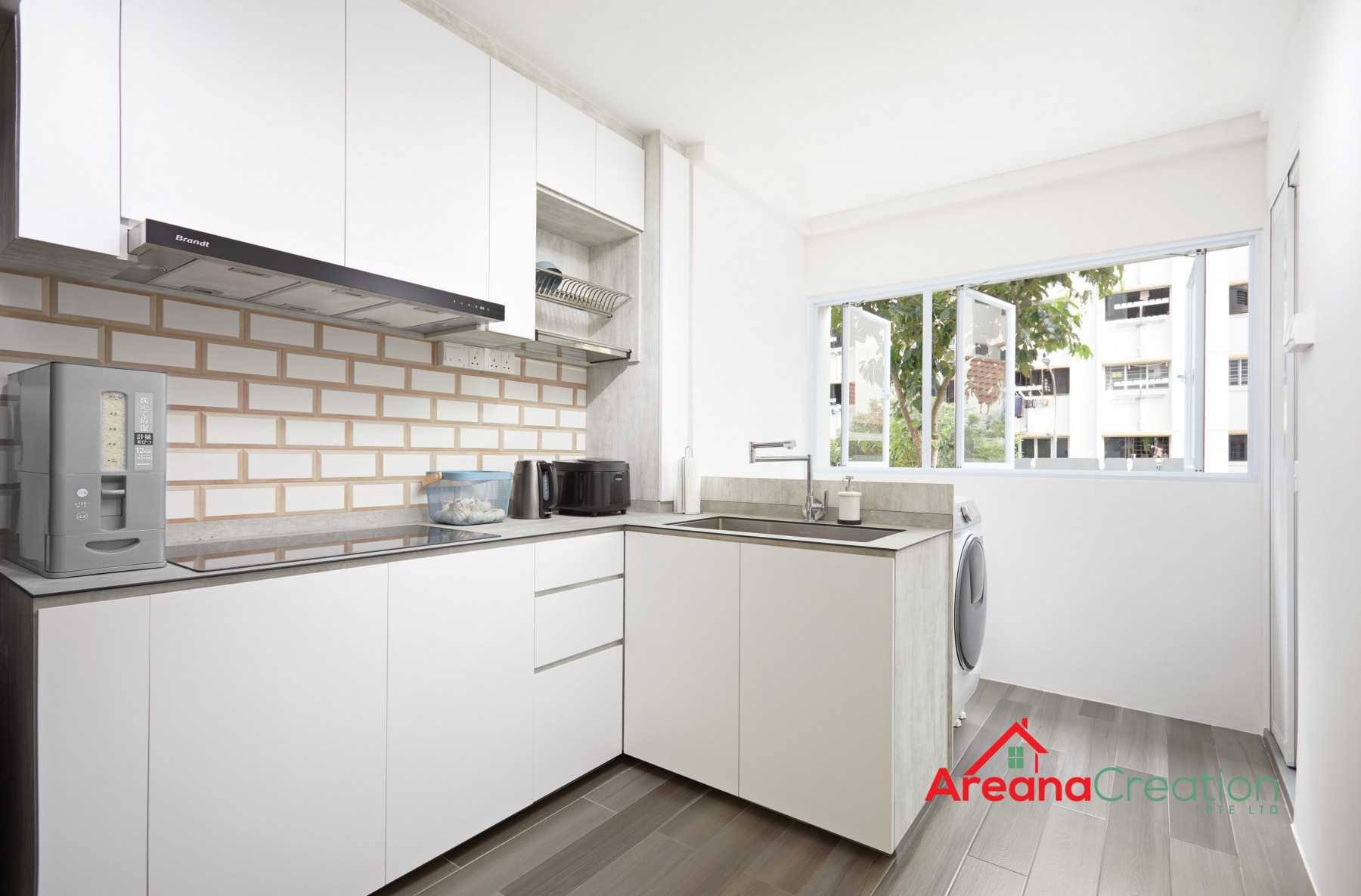 Modern Kitchen with Homogeneous Tiles and Kitchen Window