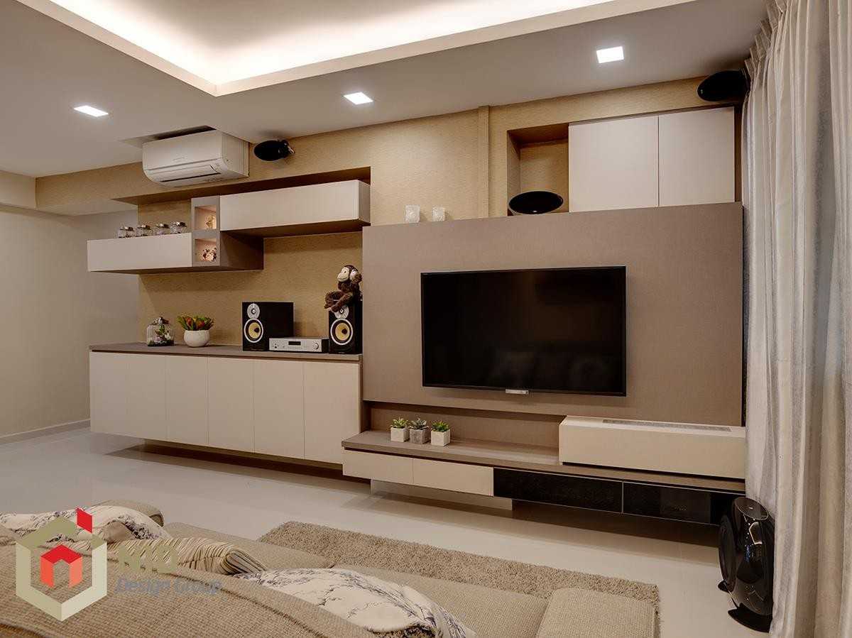 Modern Living Room with Bookshelf and Homogeneous Tiles