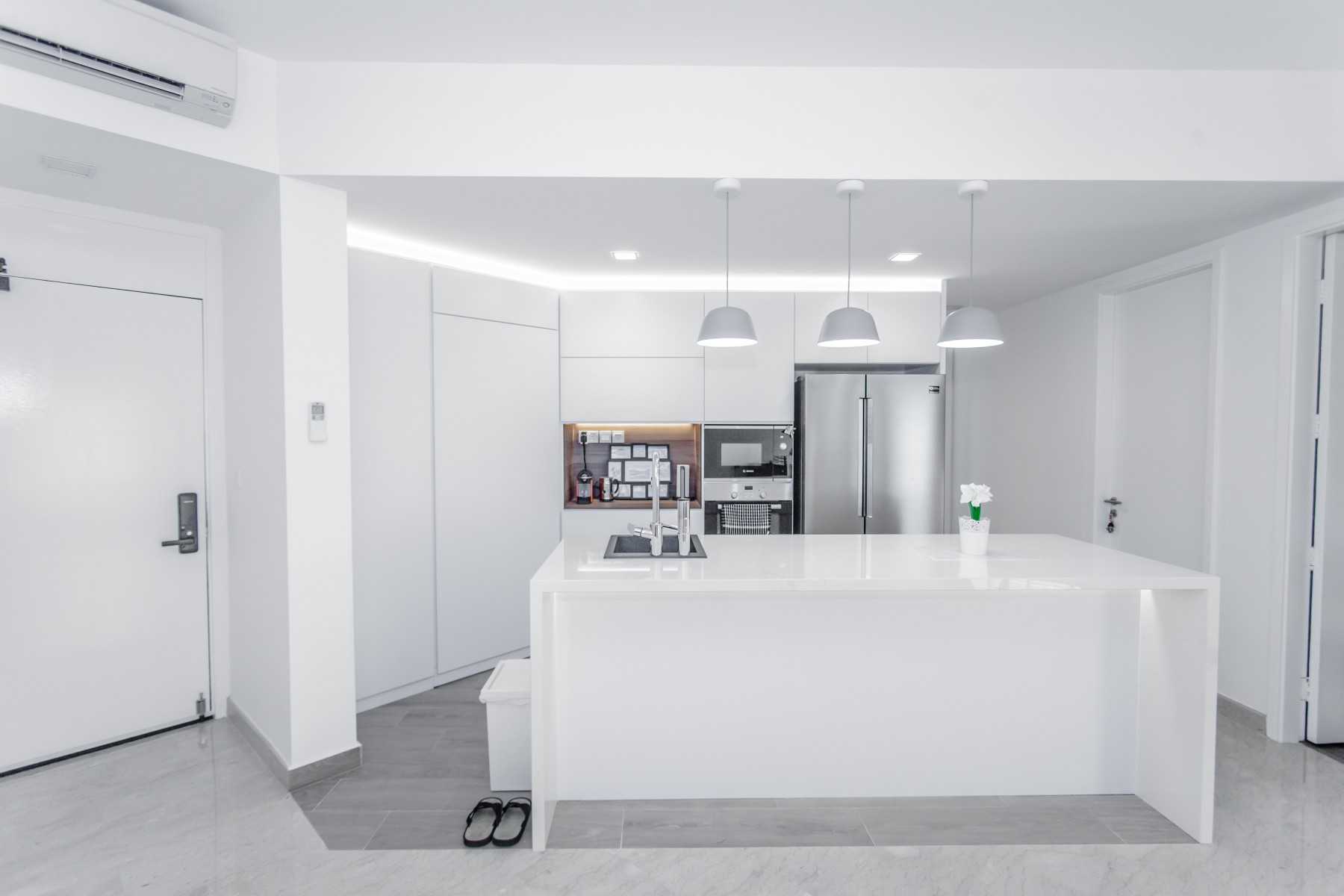 Minimalist Kitchen with Countertop and Homogeneous Tiles