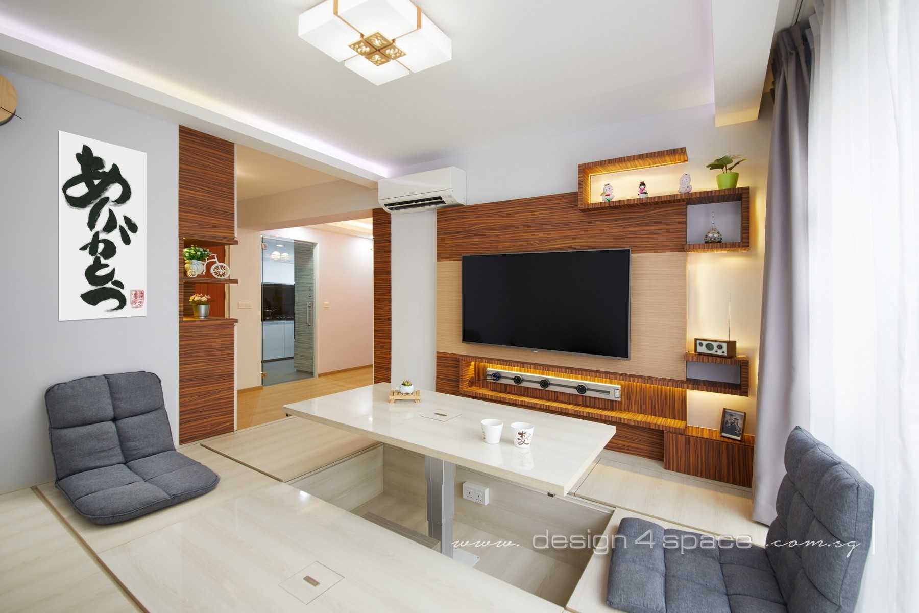 Asian Living Room with Wood Flooring and TV Console
