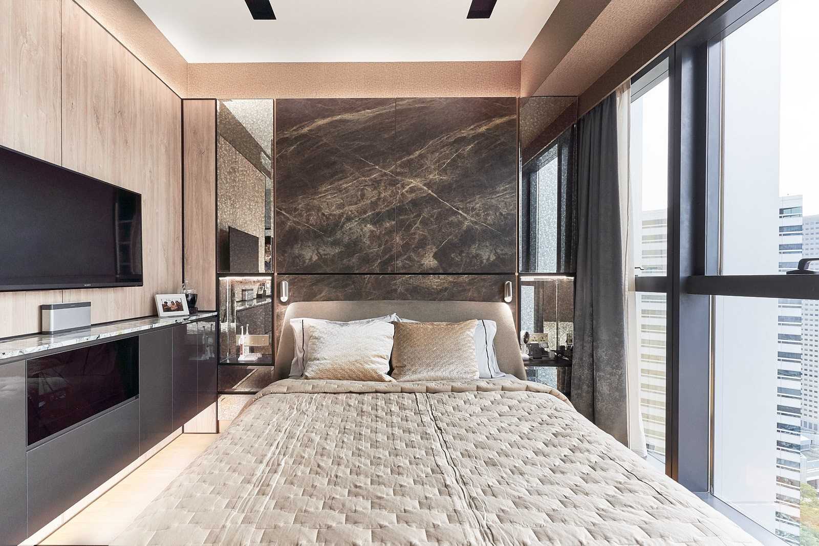 Contemporary Bedroom with Feature Wall and Curtain