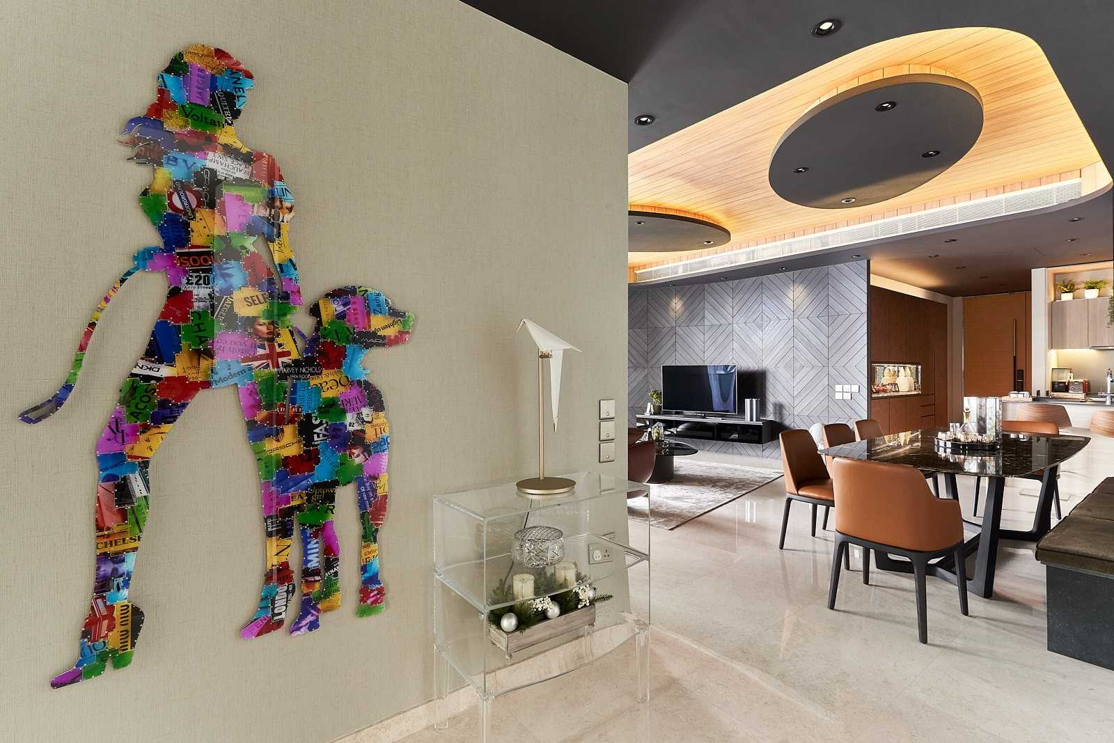 Contemporary Hallway with Marble Floor and Feature Wall