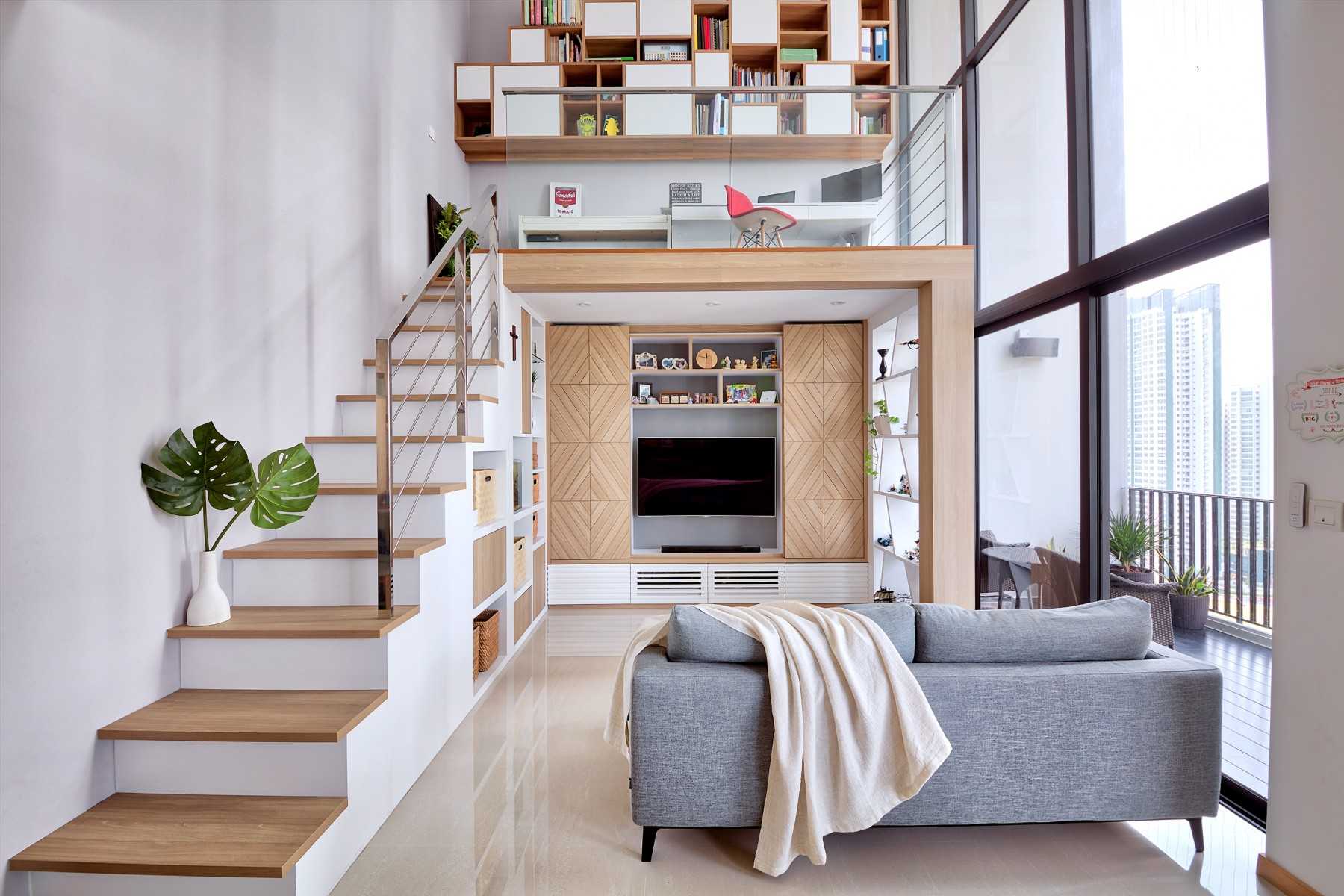 Scandinavian Living Room with Bookshelf and TV Console