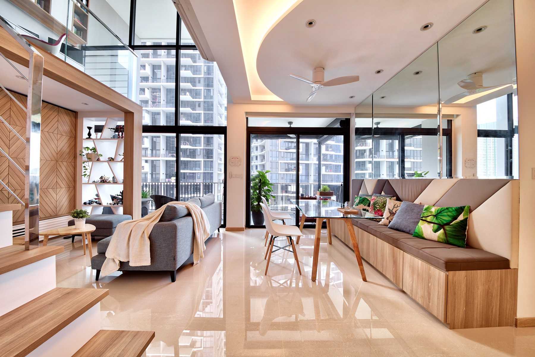 Scandinavian Living Room with Marble Floor and Mirror