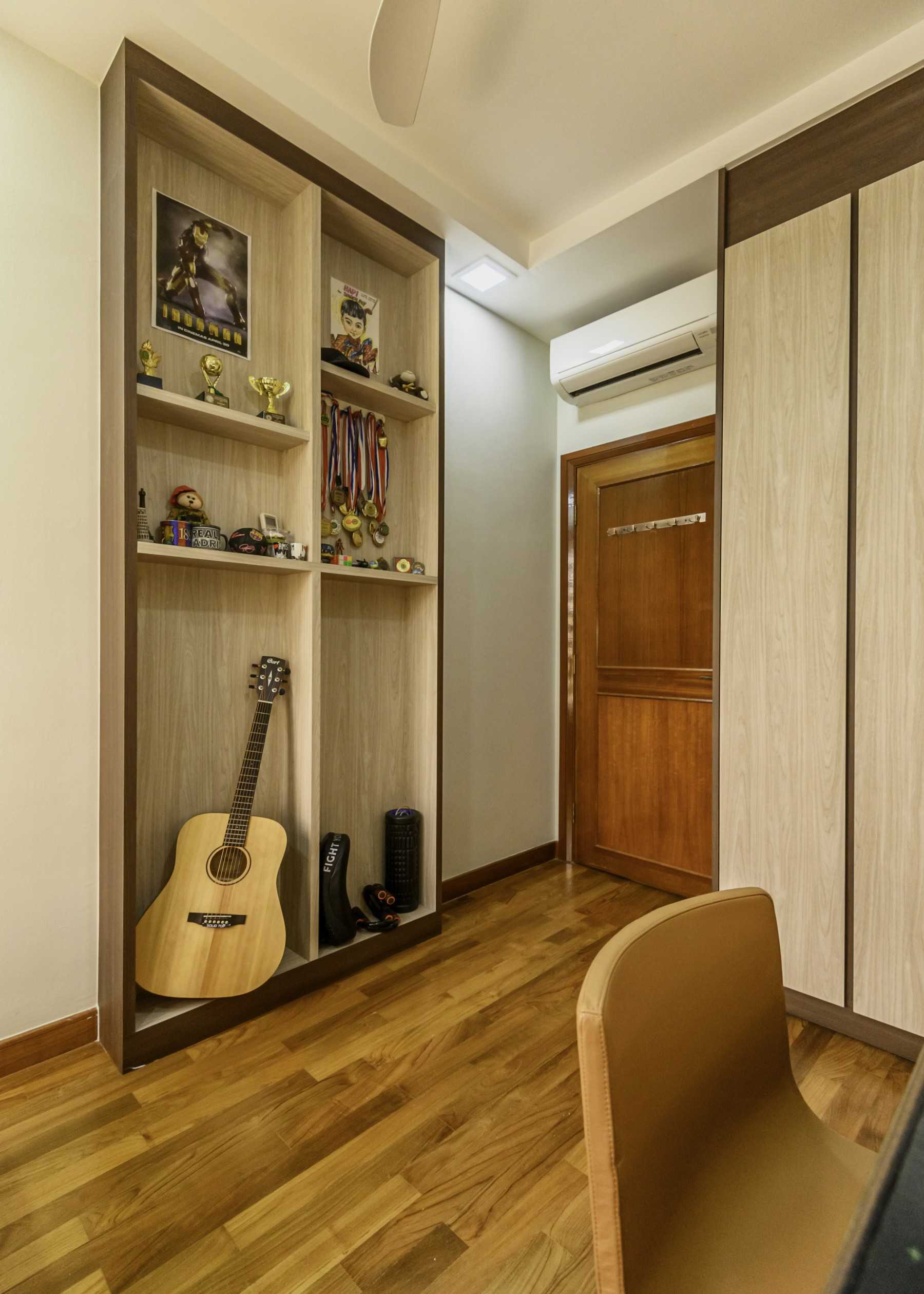 Asian Bedroom with Parquet Floor and Drop Ceiling