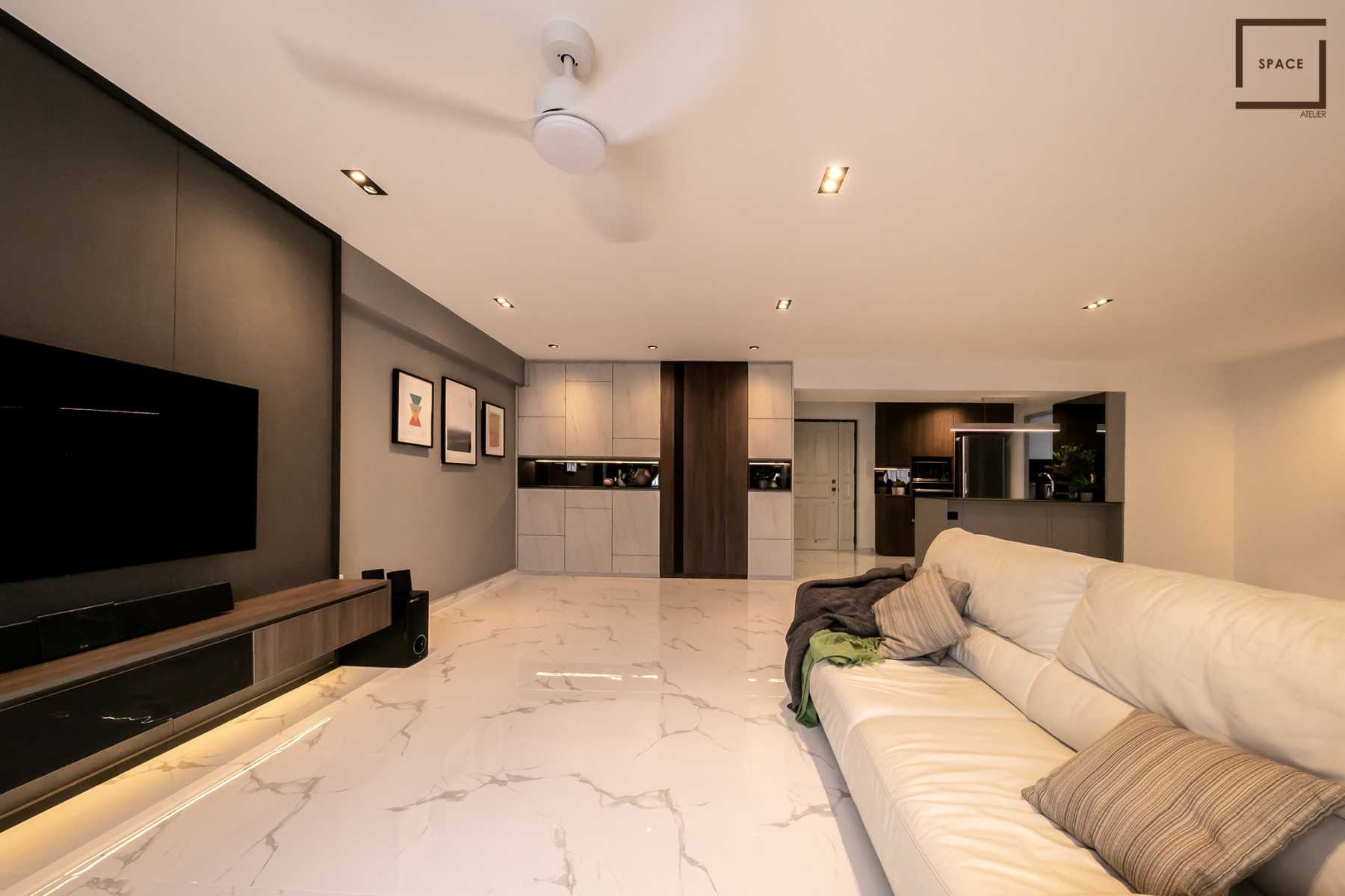Contemporary Living Room with Granite Floor and TV Console