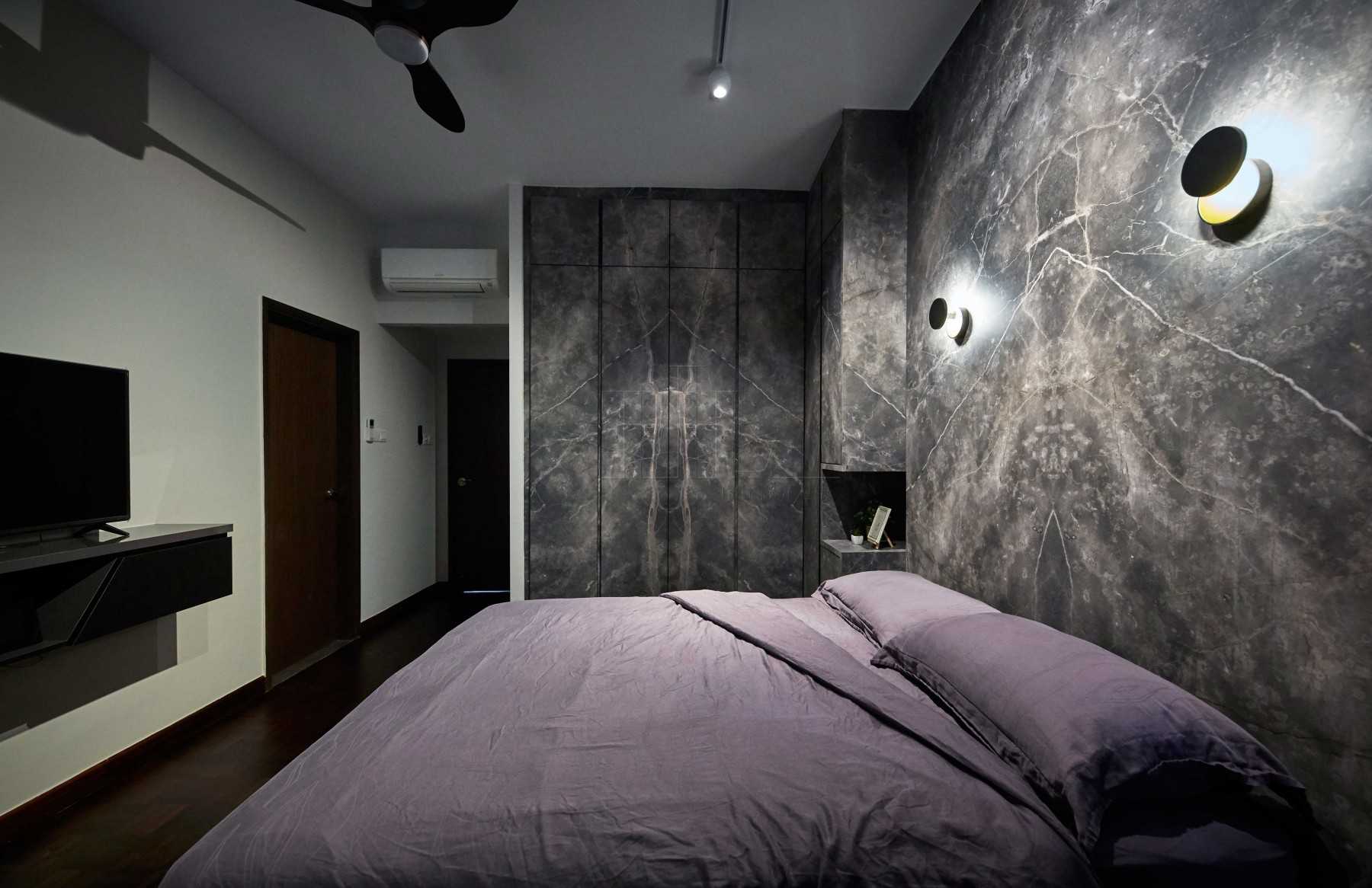 Modern Bedroom with Parquet Floor and Feature Wall