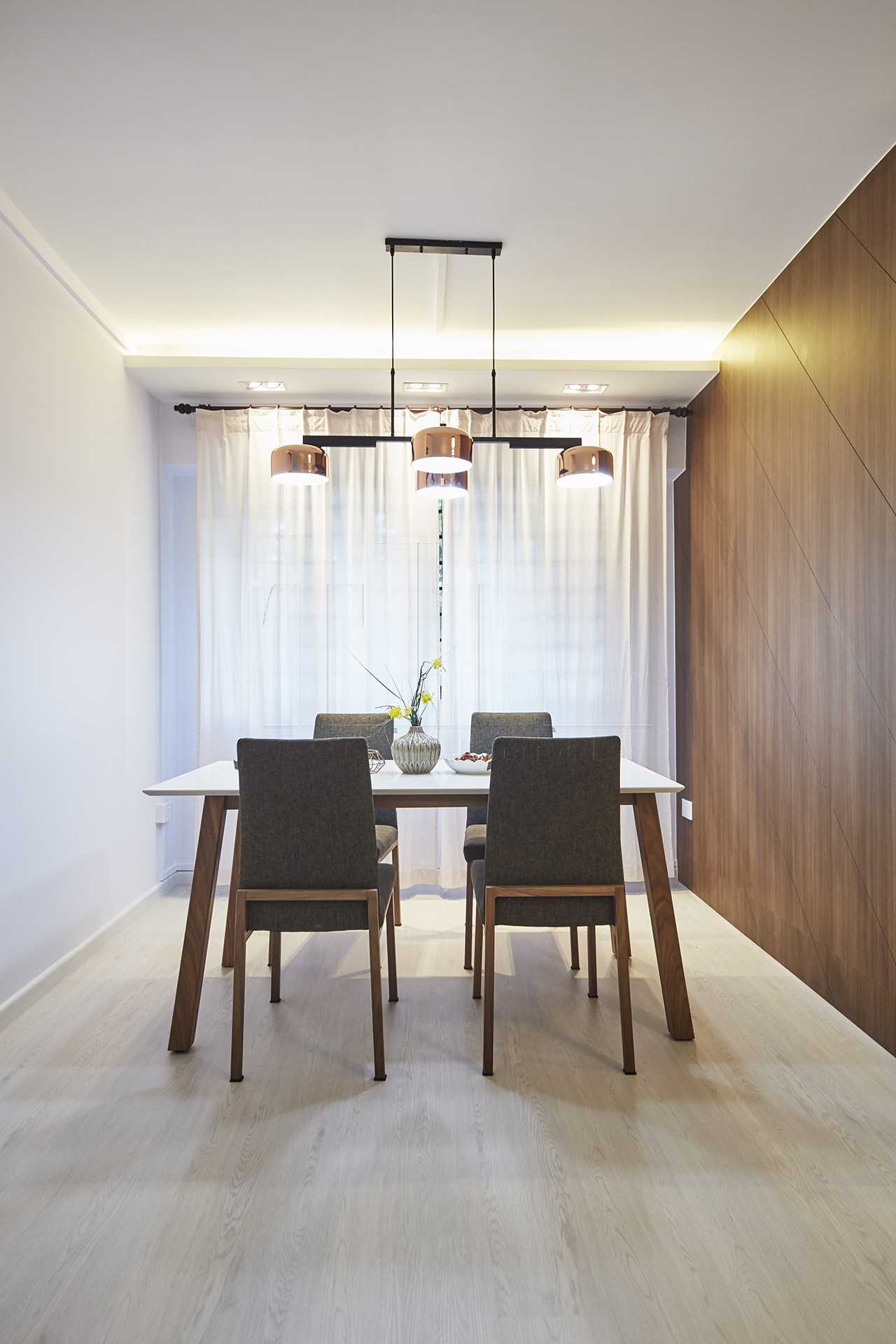 Transitional Dining Room with Feature Wall and Curtain