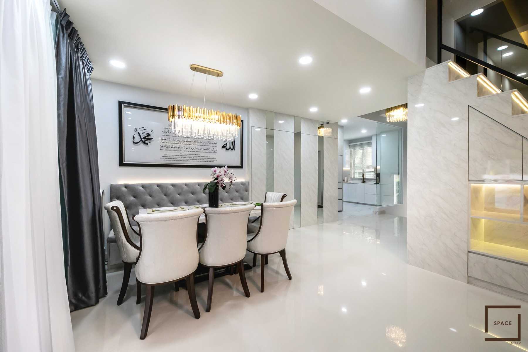 Modern Living Room with Granite Floor and Chandelier