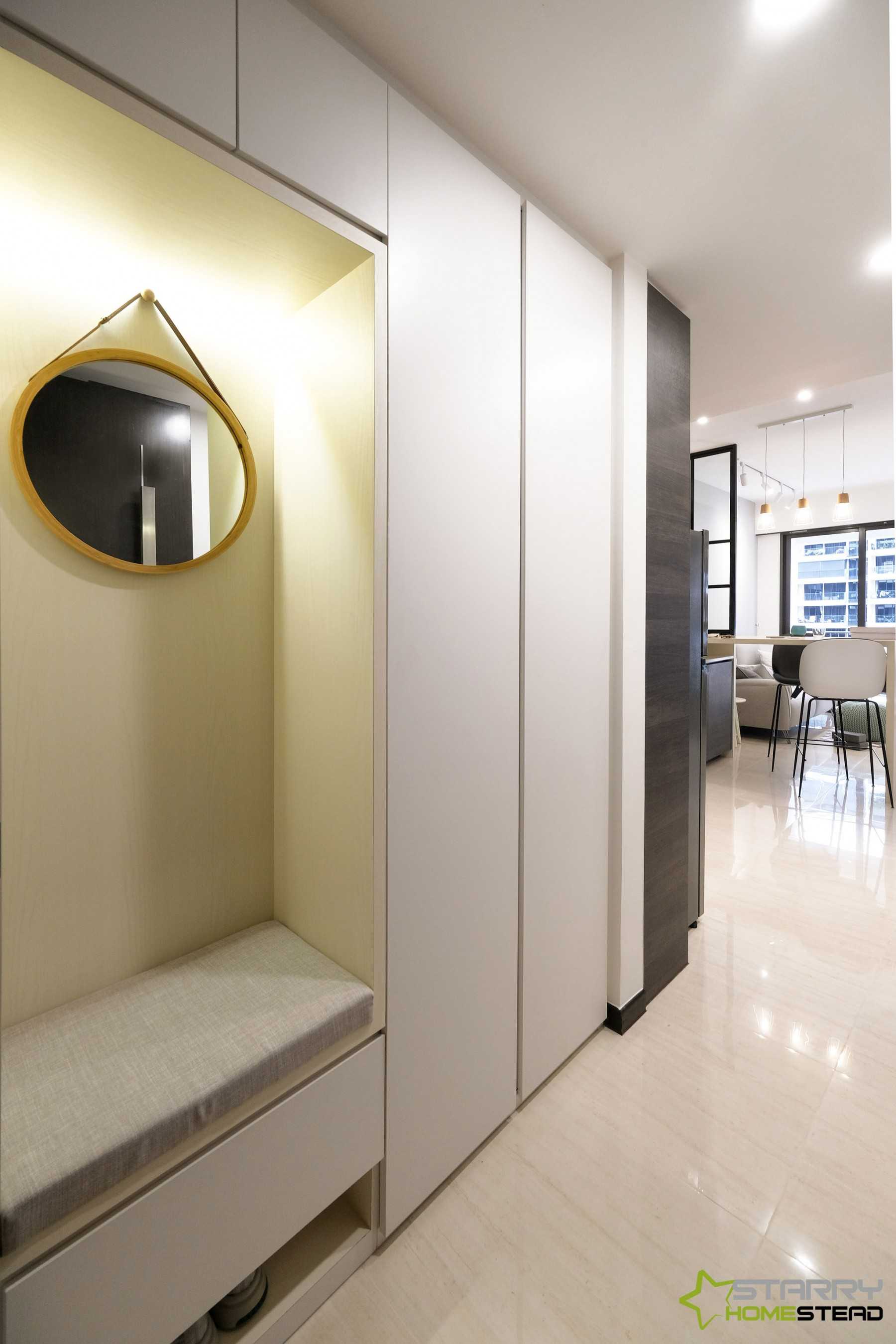 Minimalist Entryway with Mirror and Seating Bench