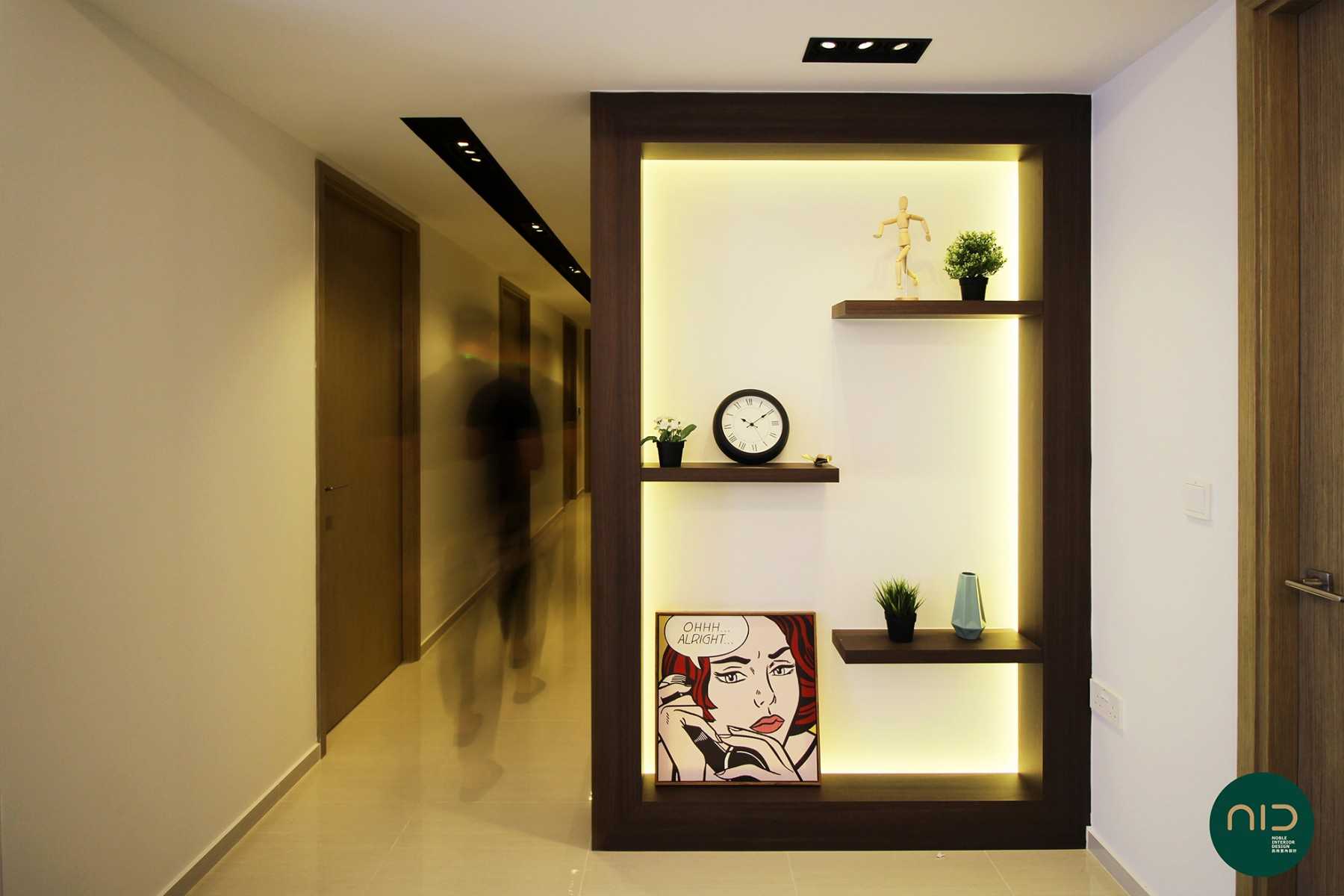 Modern Hallway with Bookshelf and Paintings