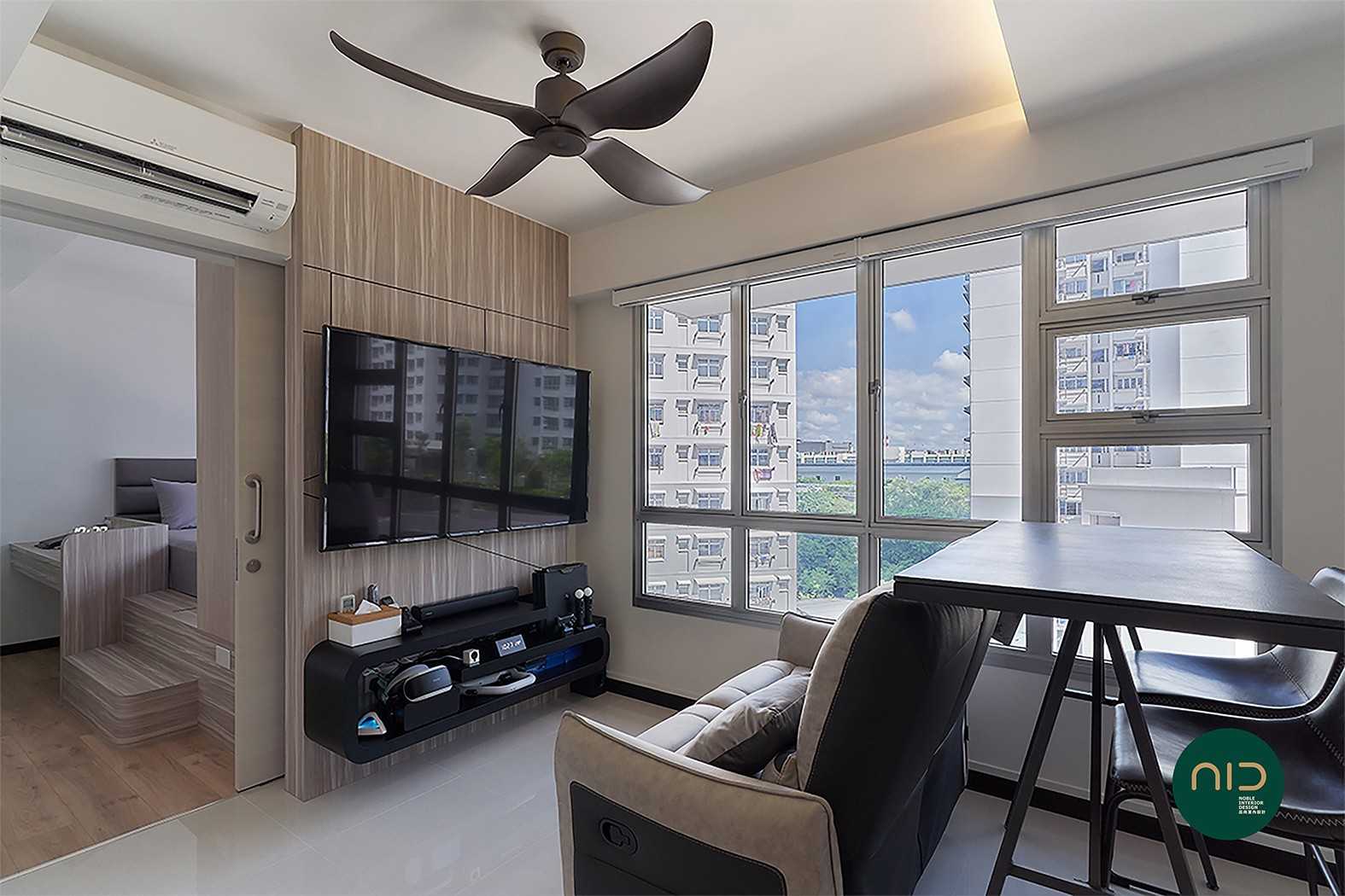 Modern Living Room with Homogeneous Tiles and TV Console