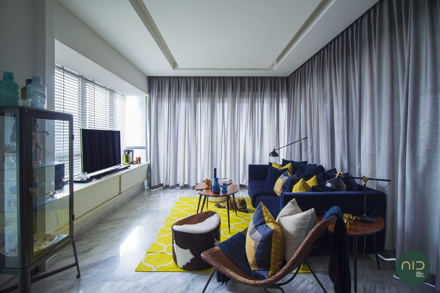Modern Living Room with Marble Floor and Drop Ceiling