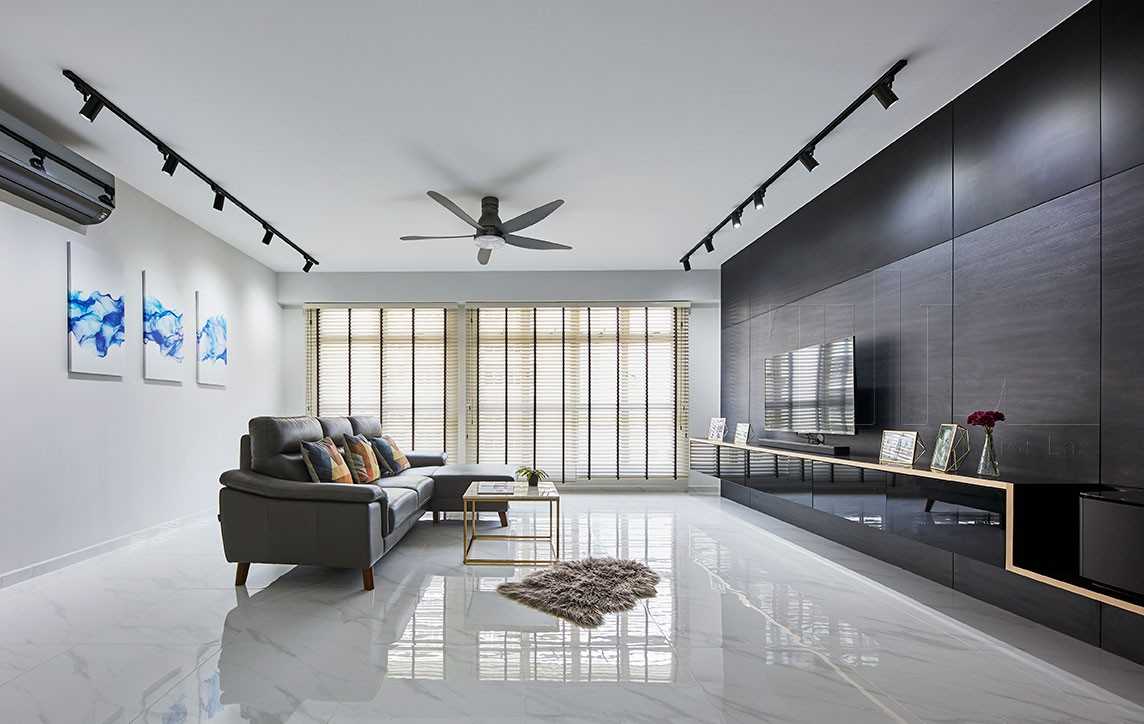 Modern Living Room with Marble Floor and TV Console