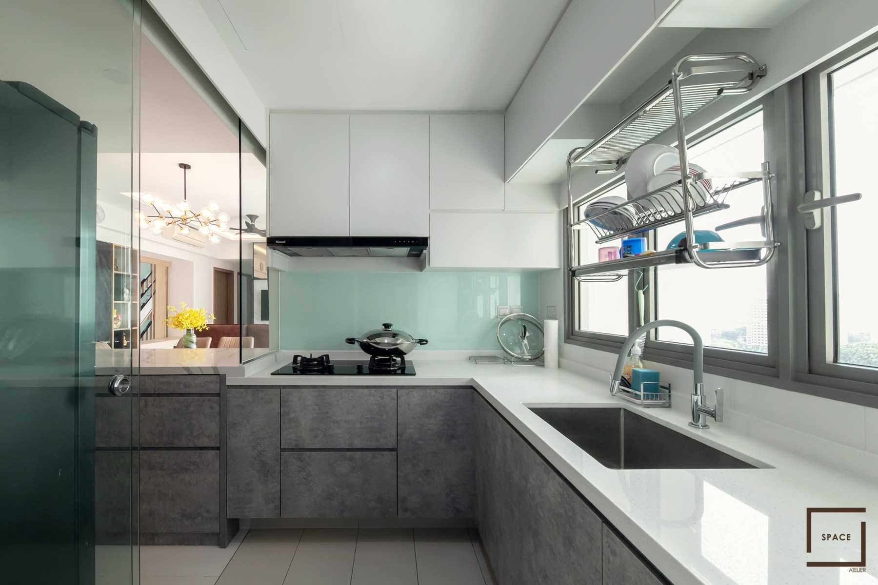 Contemporary Kitchen with Kitchen Window and Cupboard
