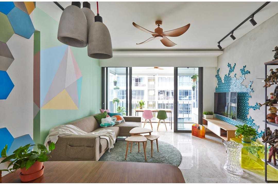 Eclectic Living Room with TV Console and Display Cabinets