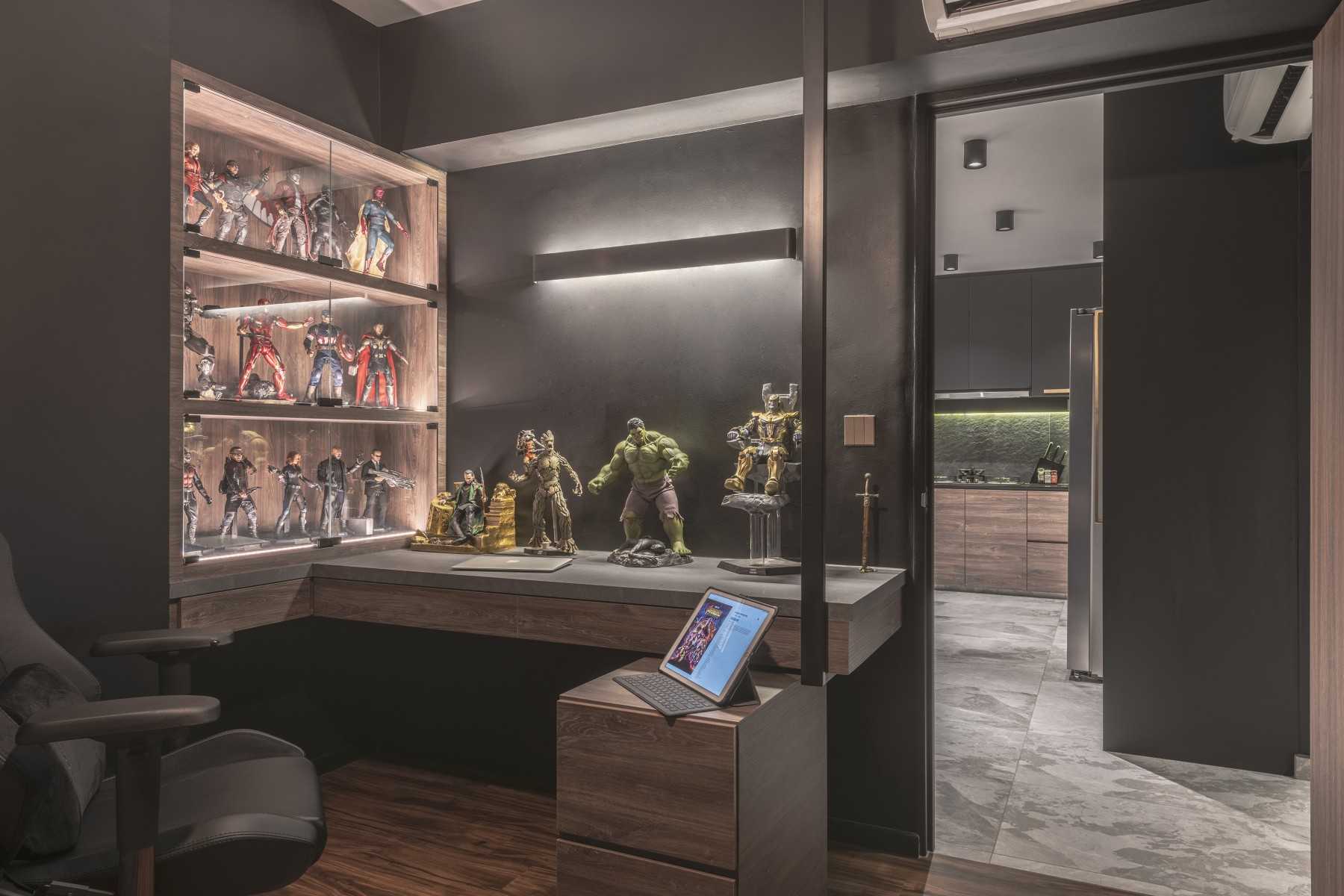 Contemporary Bedroom with Display Cabinets and Lighting