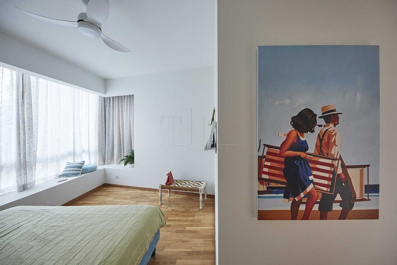 Minimalist Bedroom with Wood Flooring and Bay Window