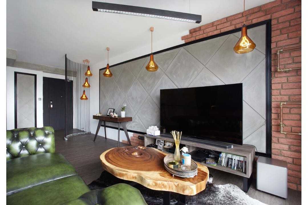 Industrial Living Room with TV Console and Feature Wall