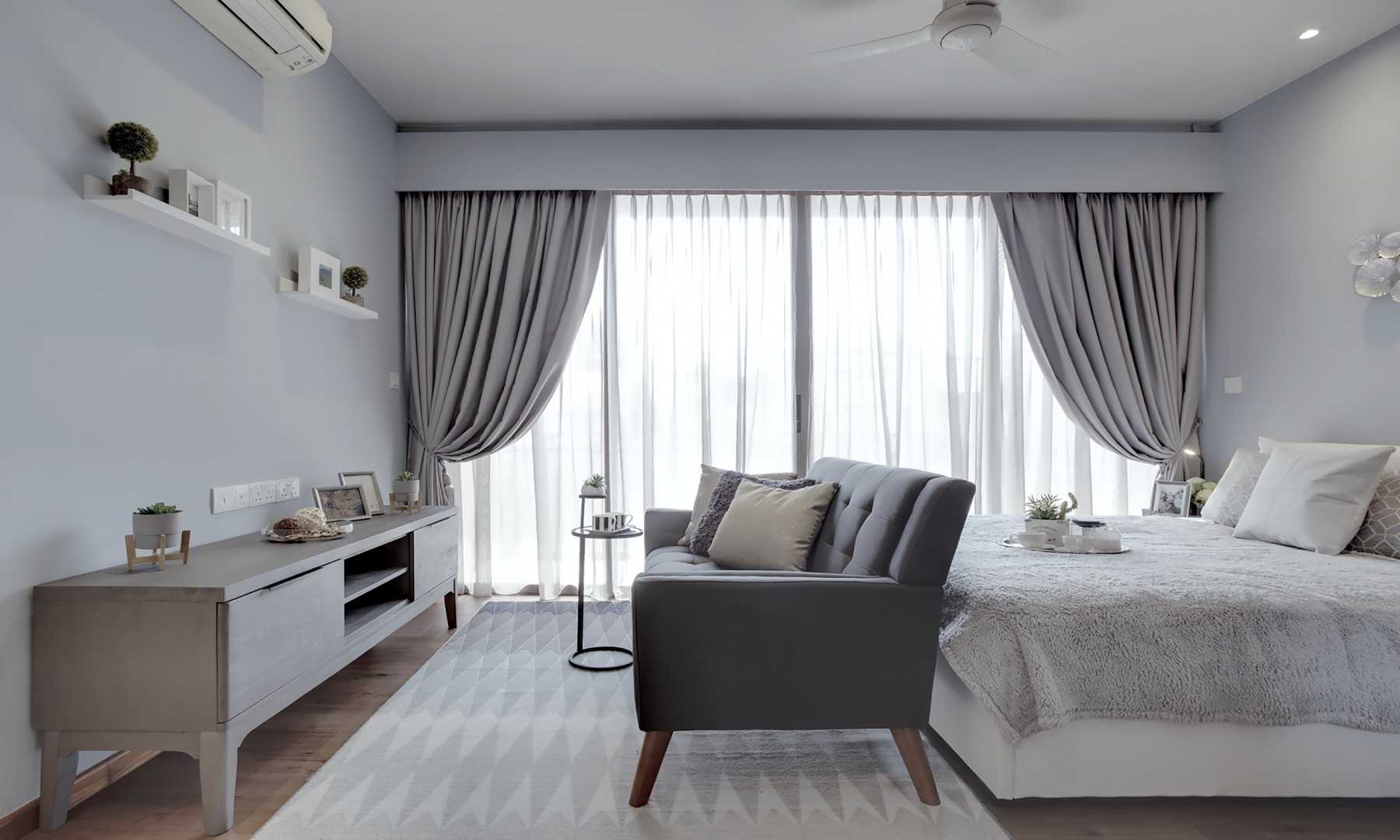 Transitional Bedroom with TV Console and Carpet