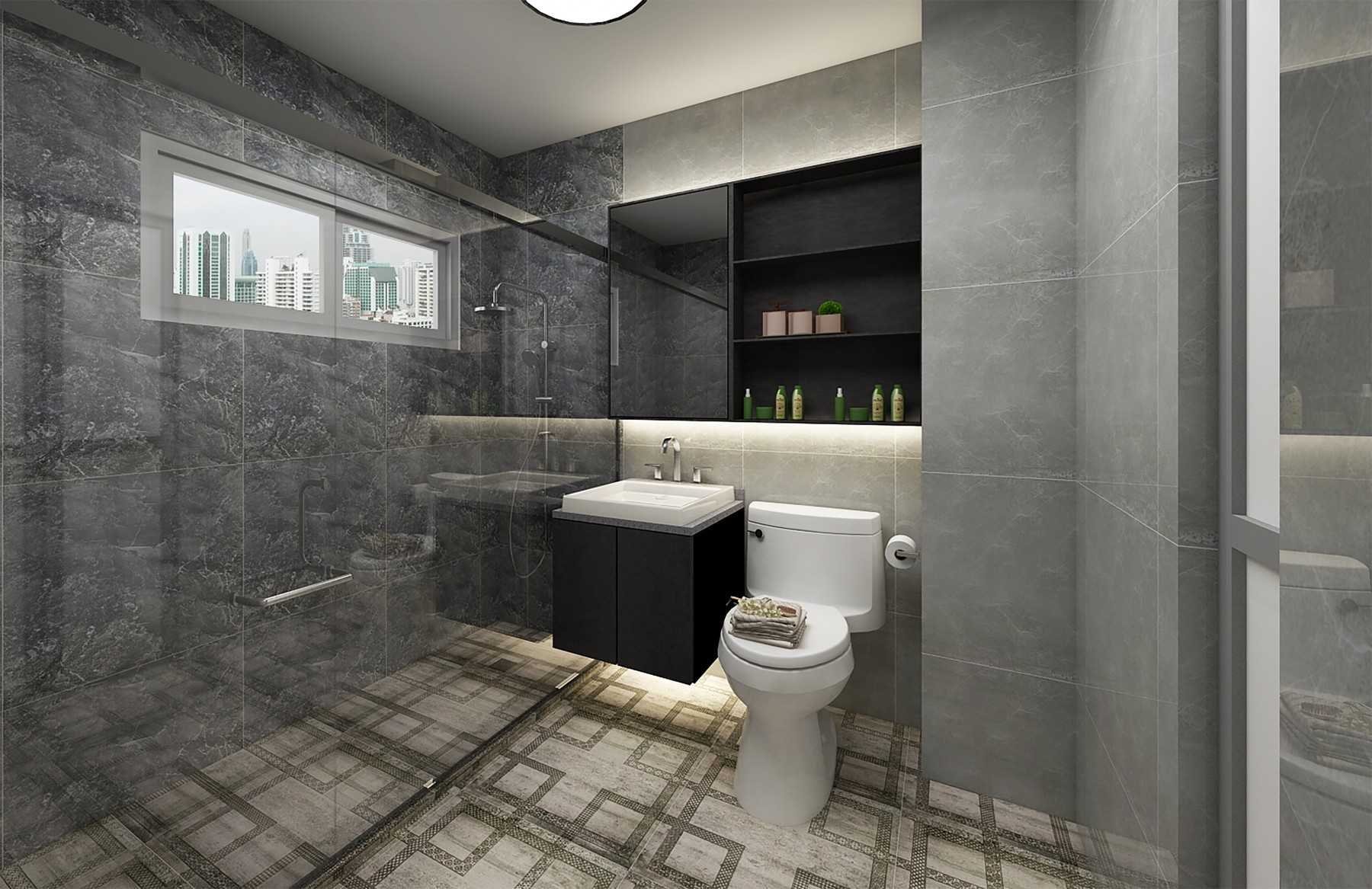 Contemporary Bathroom with Homogeneous Tiles and Mirror