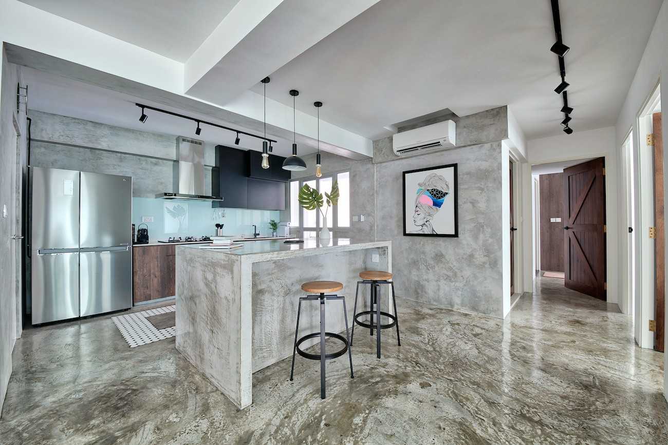Industrial Kitchen with Cement Floor and Feature Wall