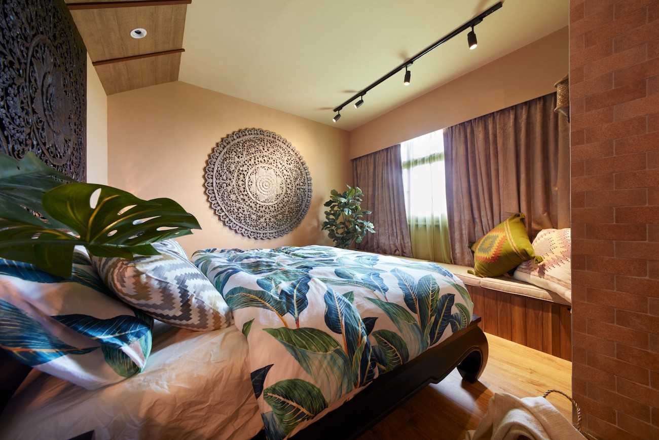 Country Bedroom with Wood Flooring and Bay Window