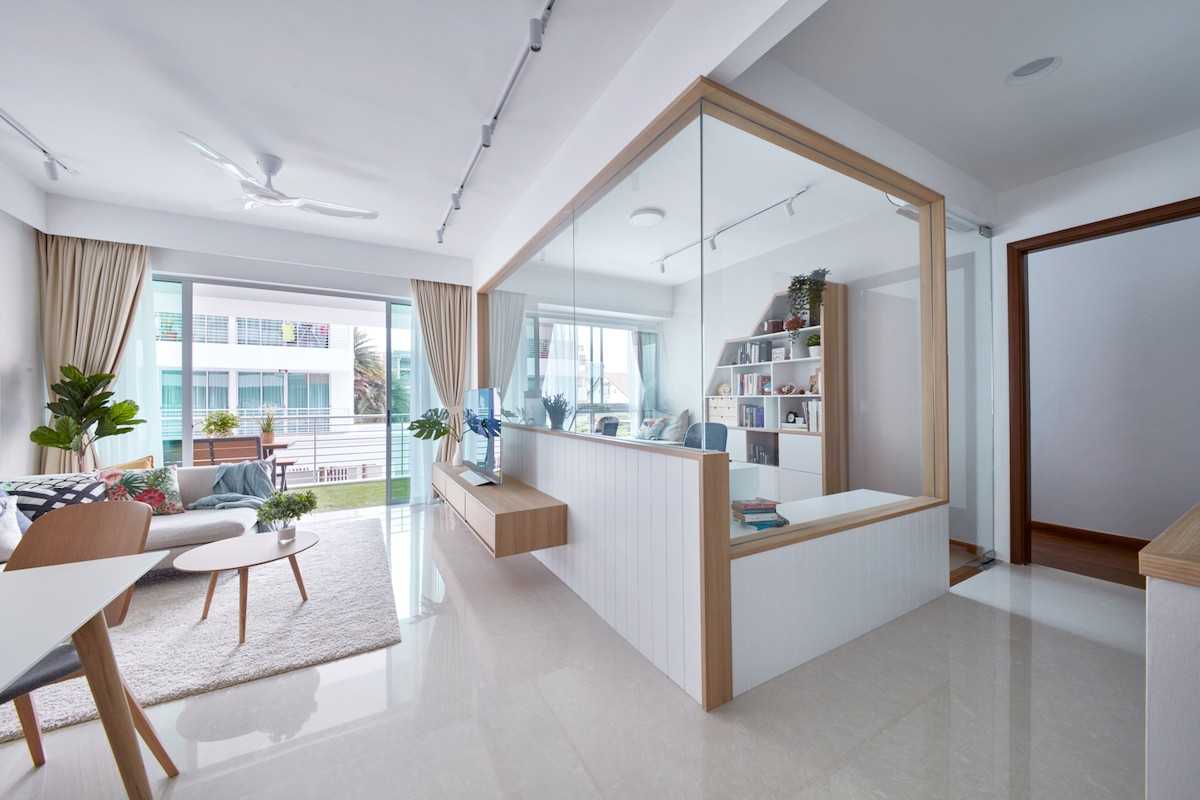 Contemporary Living Room with Marble Floor and Room Divider