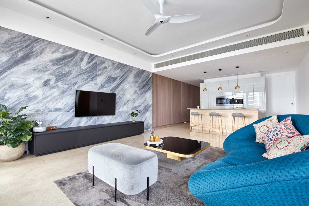 Modern Living Room with Marble Floor and Feature Wall