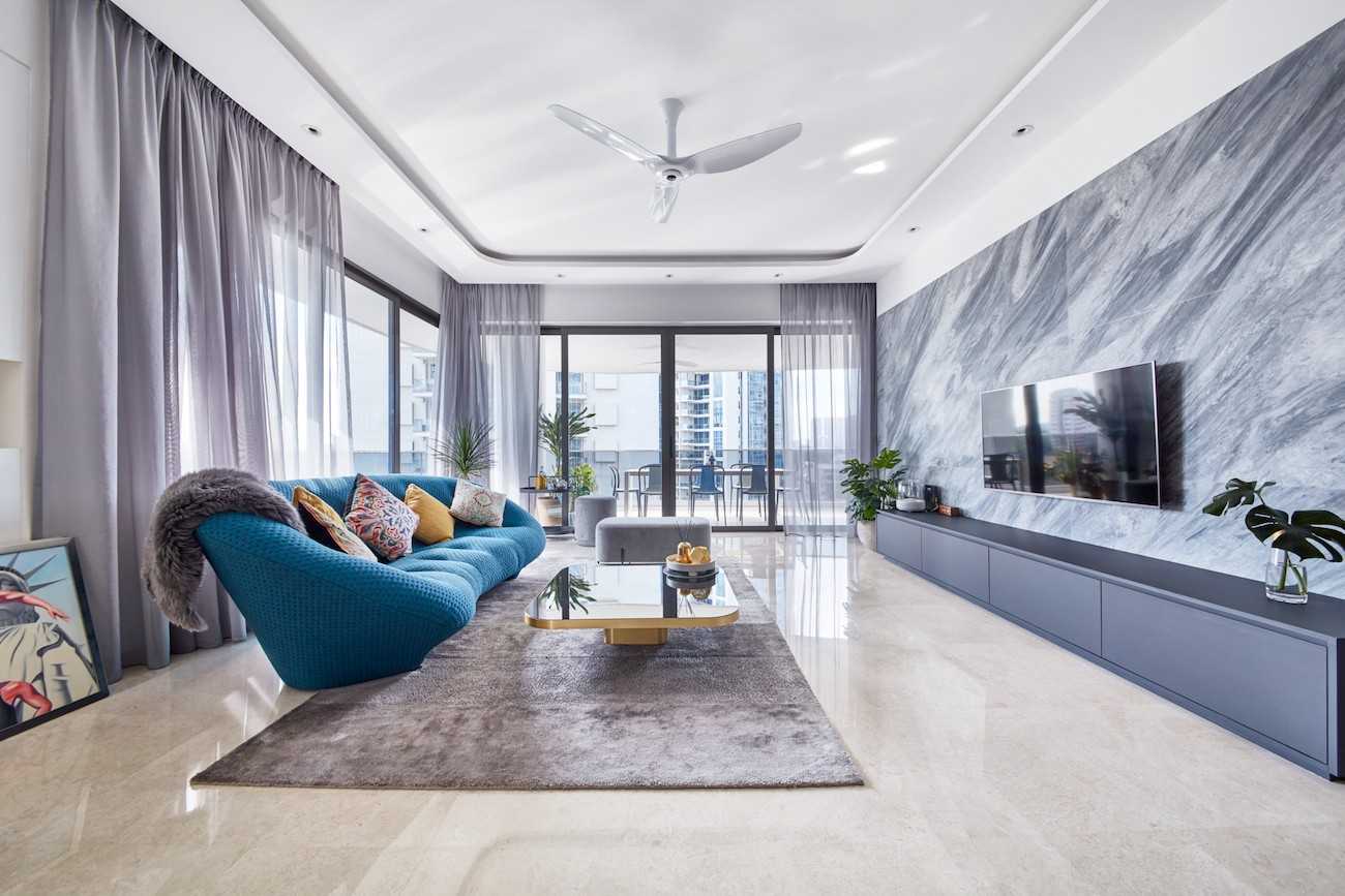 Modern Living Room with Marble Floor and TV Console
