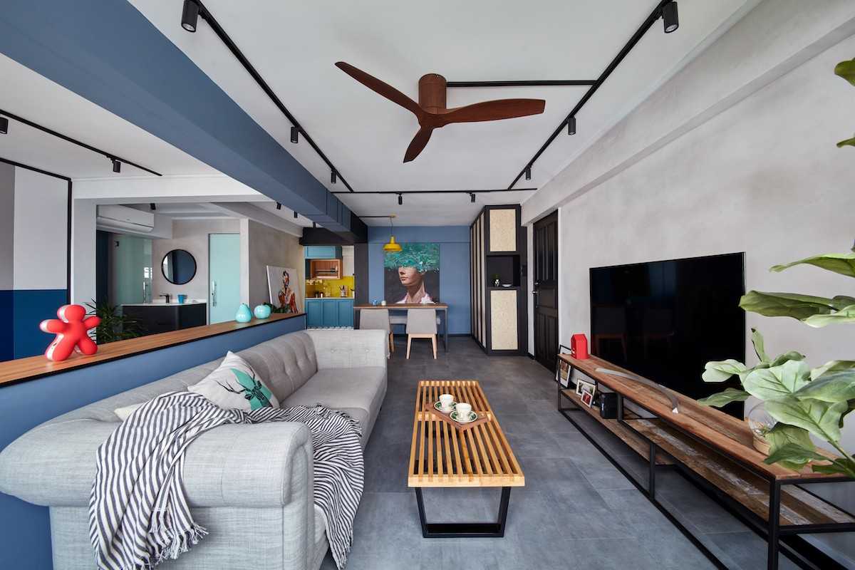 Contemporary Living Room with TV Console and Ceiling Fan