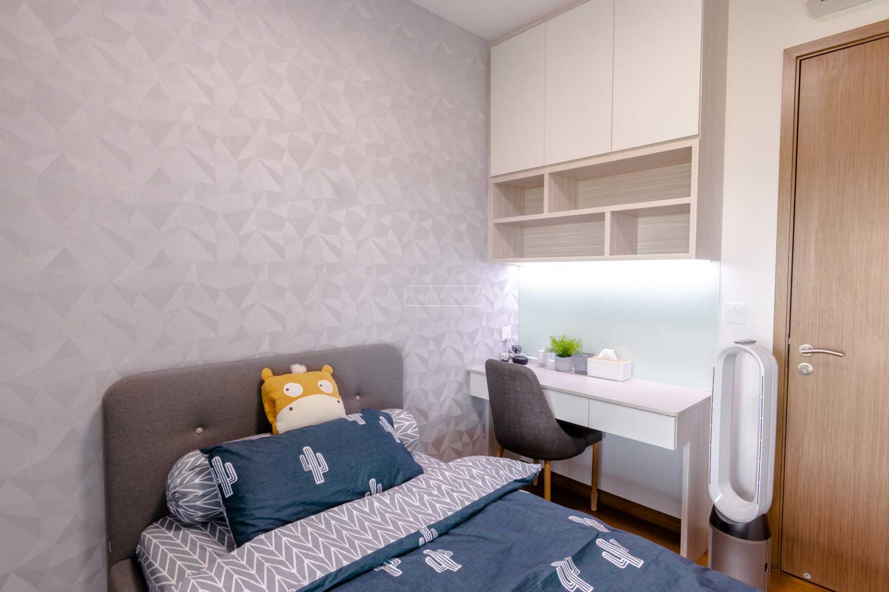 Scandinavian Bedroom with Bookshelf and Wallpaper