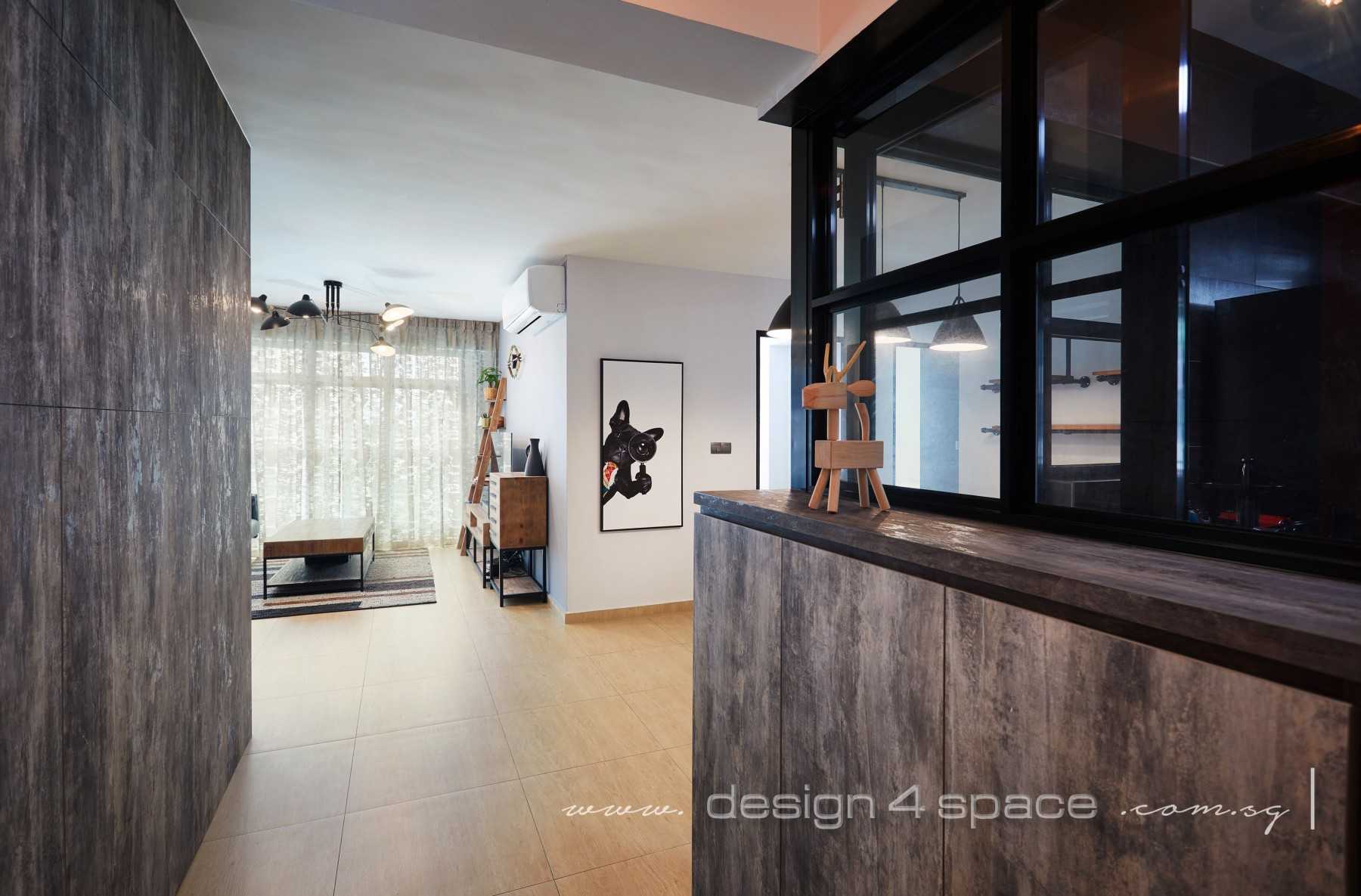 Industrial Entryway with Homogeneous Tiles and Wood Flooring