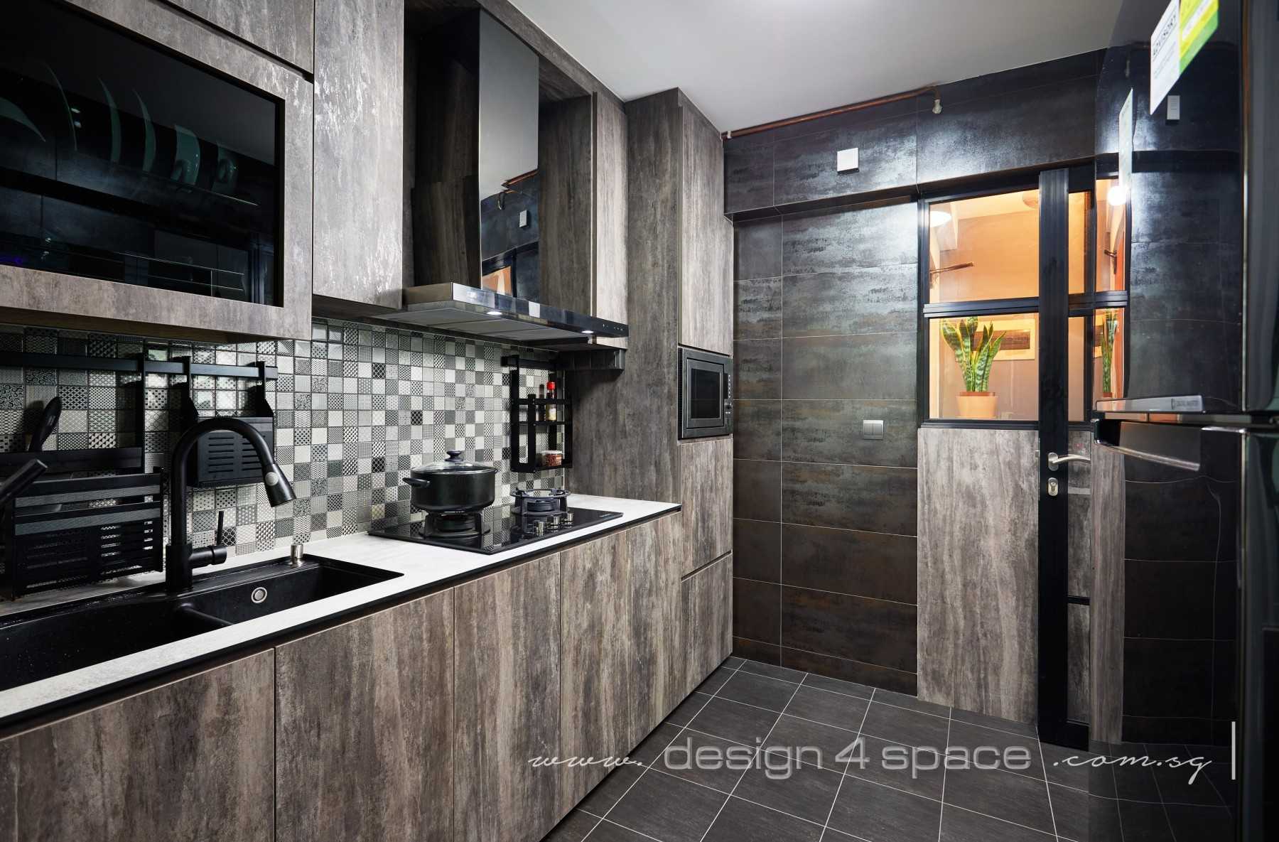 Industrial Kitchen with Homogeneous Tiles and Kitchen Island