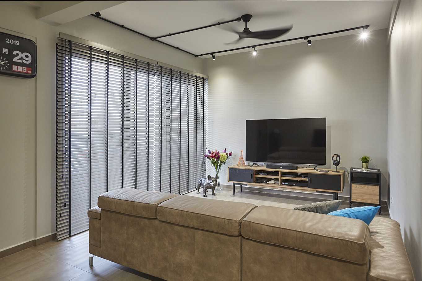 Contemporary Living Room with Homogeneous Tiles and TV Console