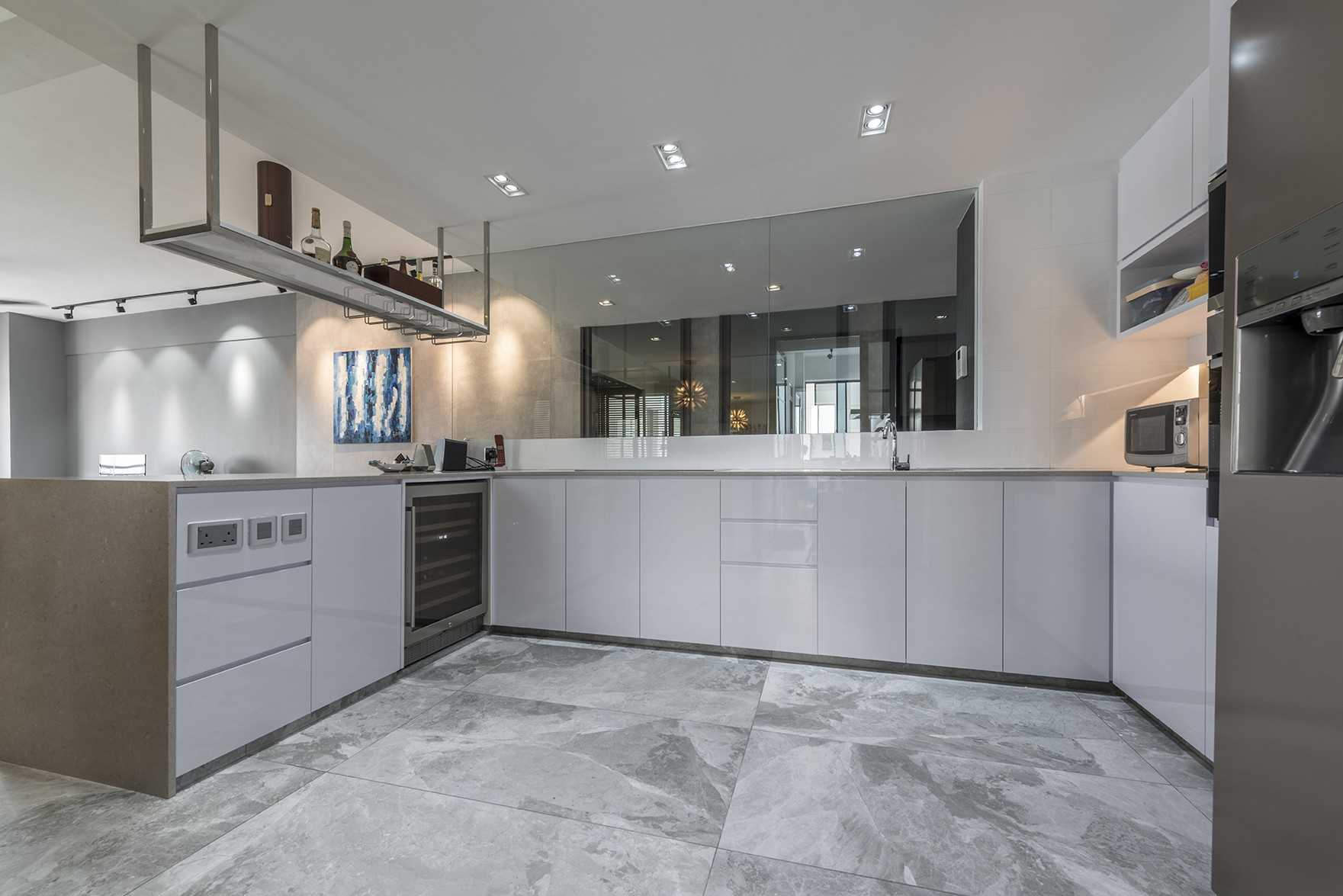 Contemporary Kitchen with Countertop and Marble Floor