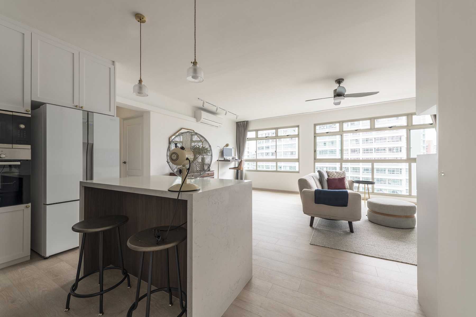 Scandinavian Dining Room with Vinyl Flooring and Kitchen Island