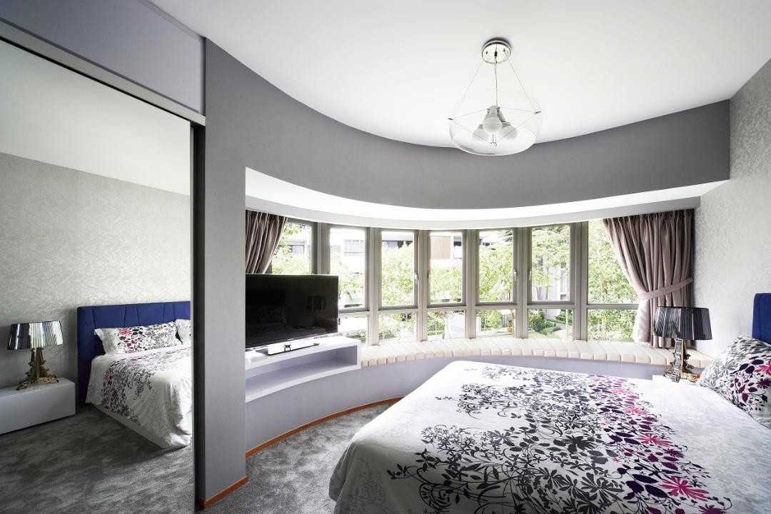 Contemporary Bedroom with Mirror and Bay Window