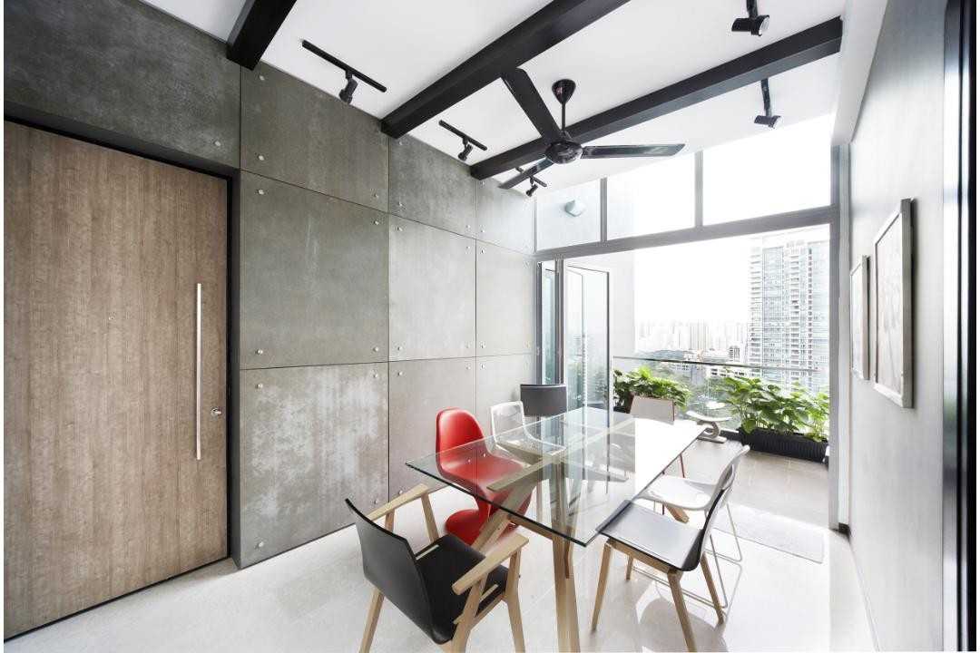 Eclectic Dining Room with Feature Wall and Ceiling Fan