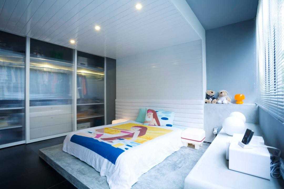 Eclectic Bedroom with Platform Bed and Wardrobe