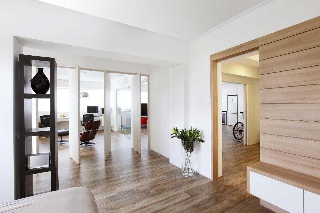 Modern Hallway with Wood Flooring and Room Divider