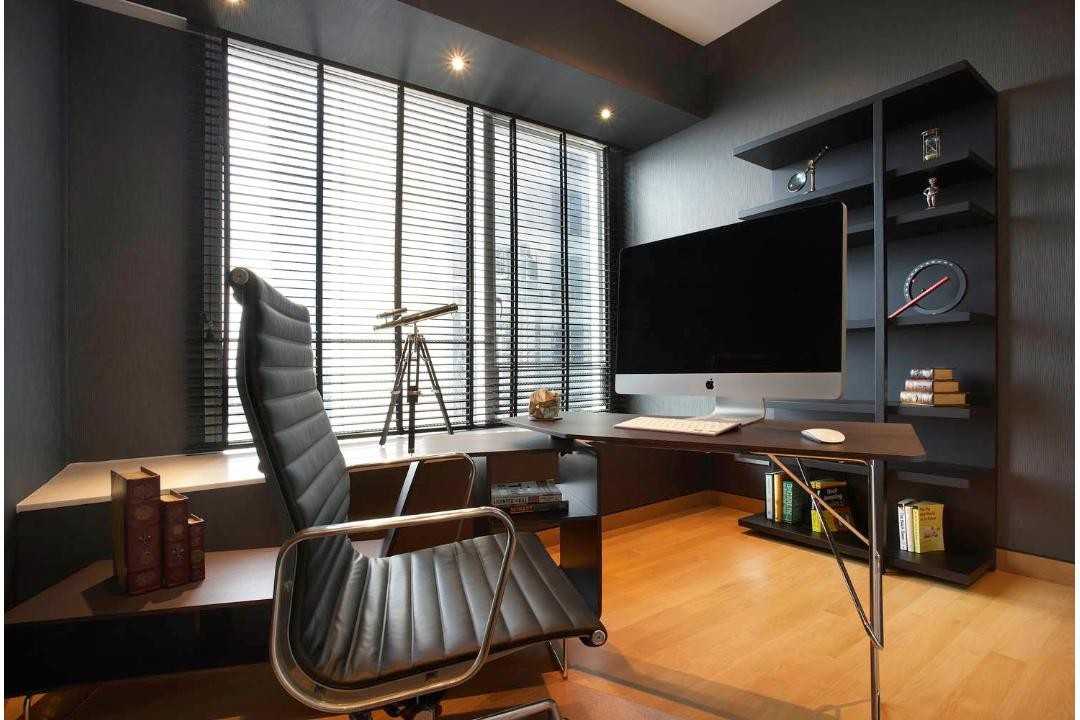 Modern Study with Wood Flooring and Wall Shelves