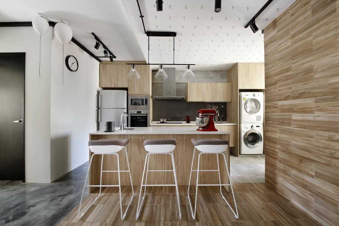 Industrial Kitchen with Bar Counter and Bar Stool