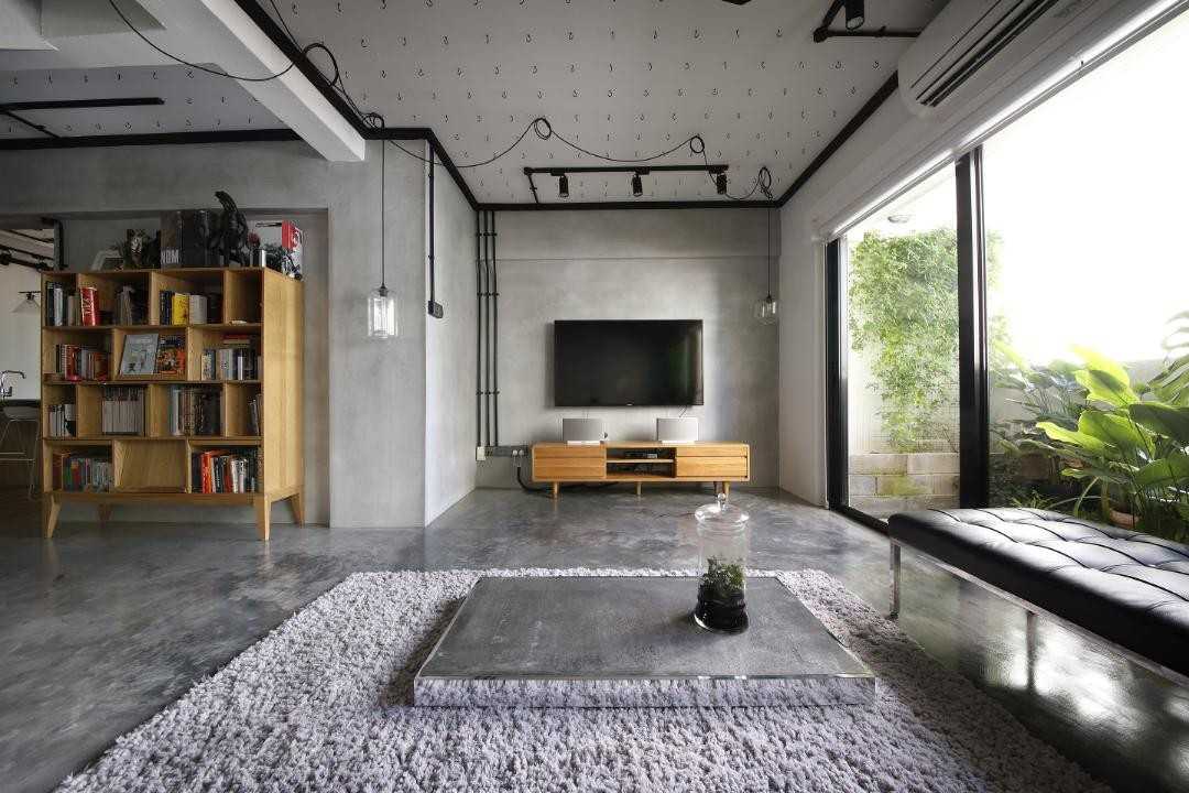 Industrial Living Room with Bookshelf and TV Console