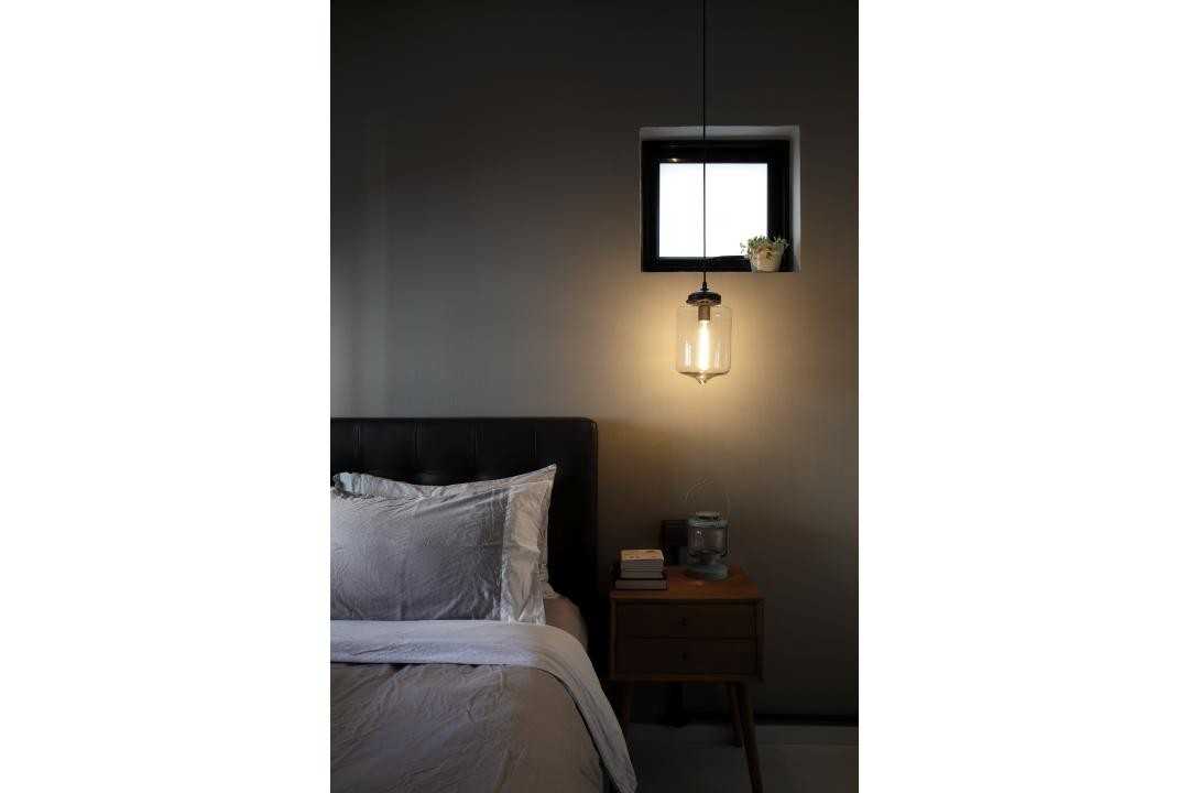 Industrial Bedroom with Bedside Table and Lighting